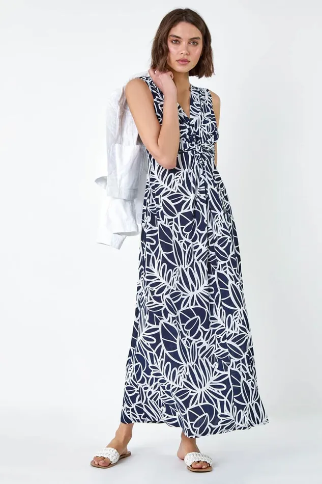 Women Navy Floral Print Twist Front Maxi Dress Roman Dresses