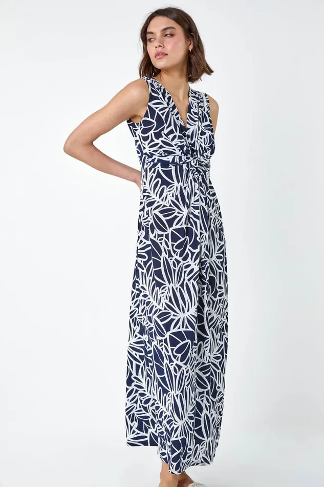 Women Navy Floral Print Twist Front Maxi Dress Roman Dresses
