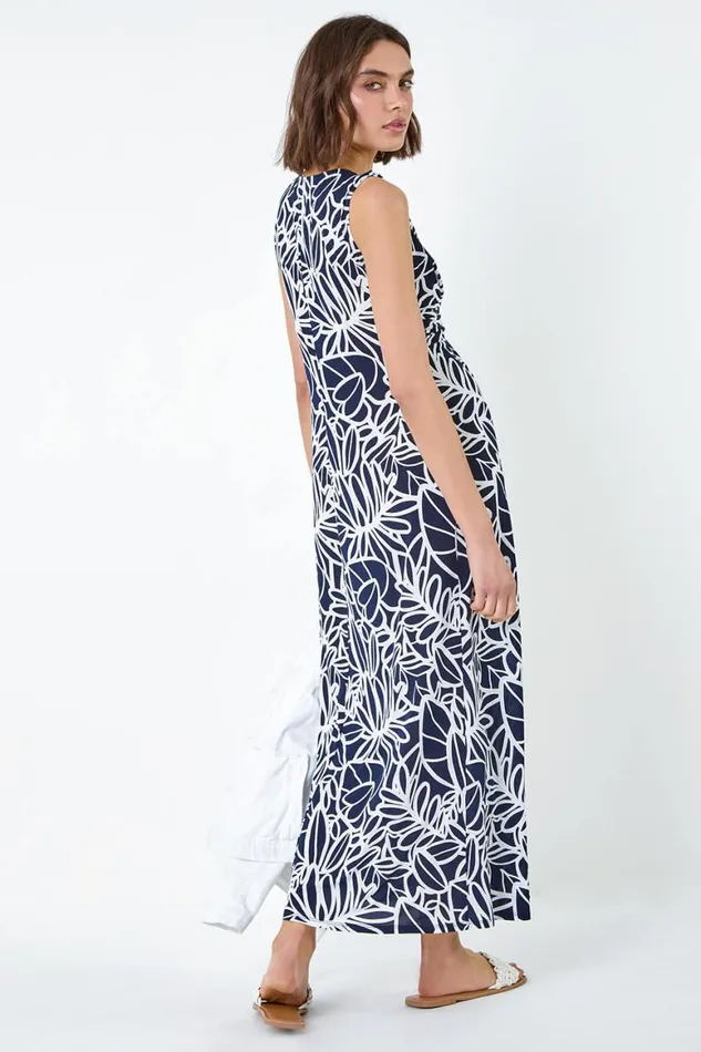 Women Navy Floral Print Twist Front Maxi Dress Roman Dresses