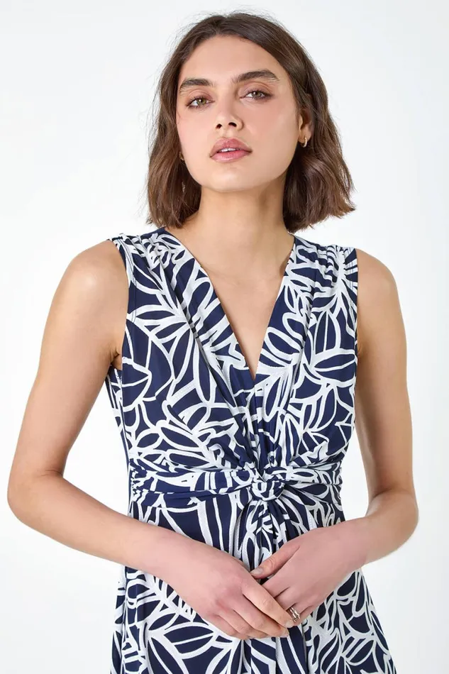Women Navy Floral Print Twist Front Maxi Dress Roman Dresses