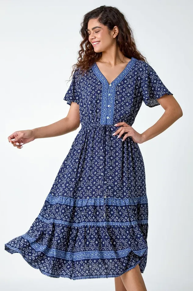 Women Navy Geometric Floral Border Print Frill Dress Roman Dresses