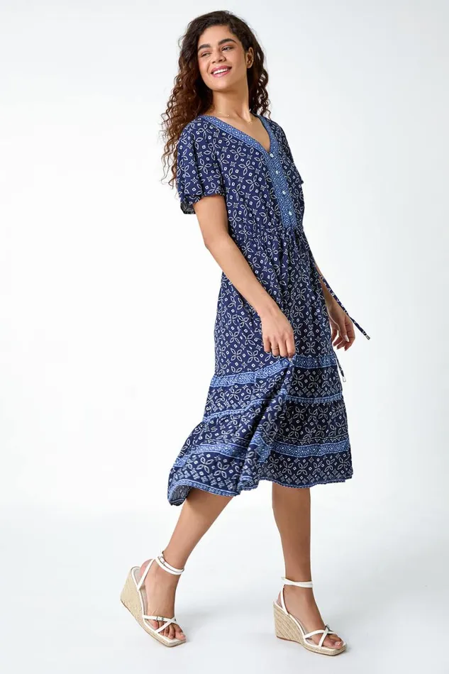 Women Navy Geometric Floral Border Print Frill Dress Roman Dresses