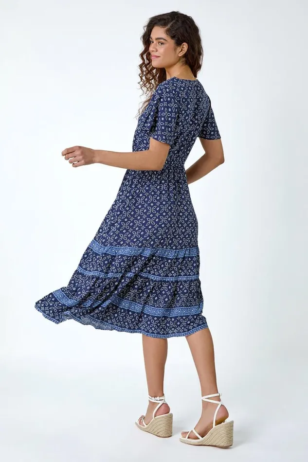 Women Navy Geometric Floral Border Print Frill Dress Roman Dresses