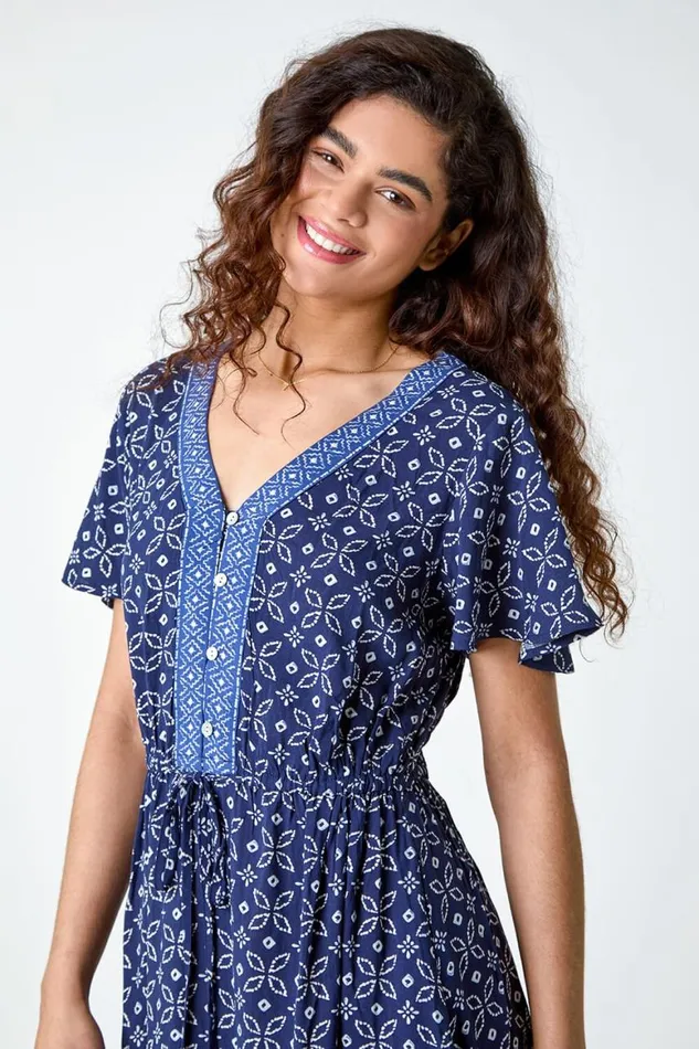 Women Navy Geometric Floral Border Print Frill Dress Roman Dresses