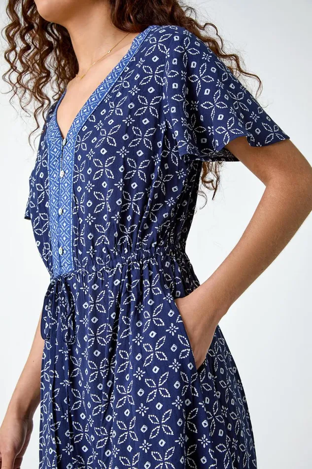 Women Navy Geometric Floral Border Print Frill Dress Roman Dresses