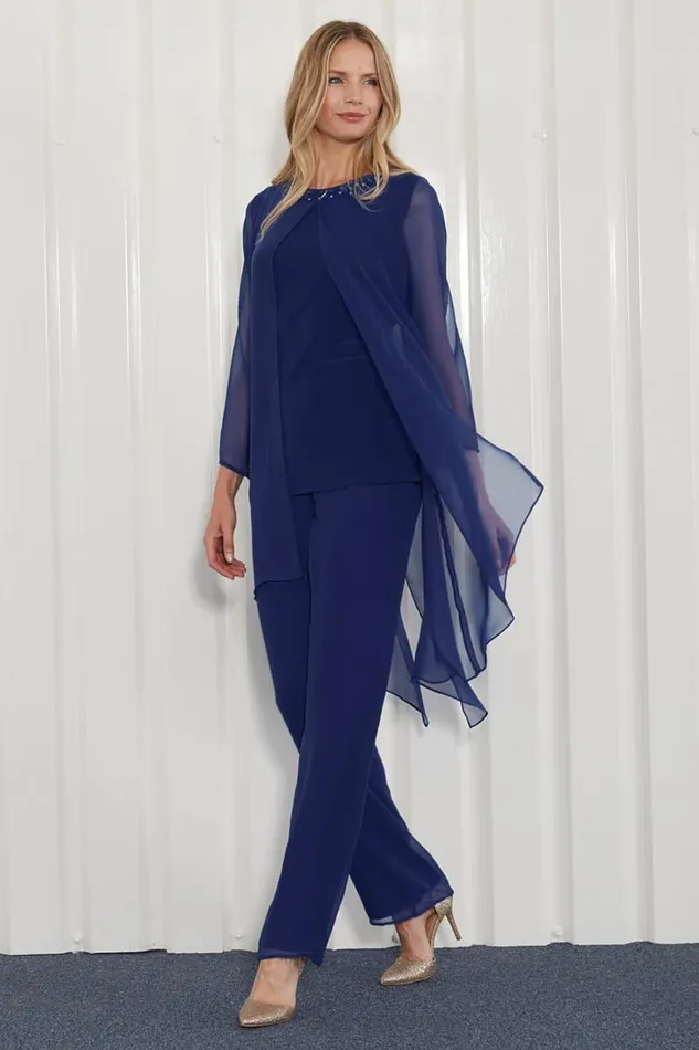 Women Navy Julianna Chiffon Embellished Top and Trouser Set Roman Tops
