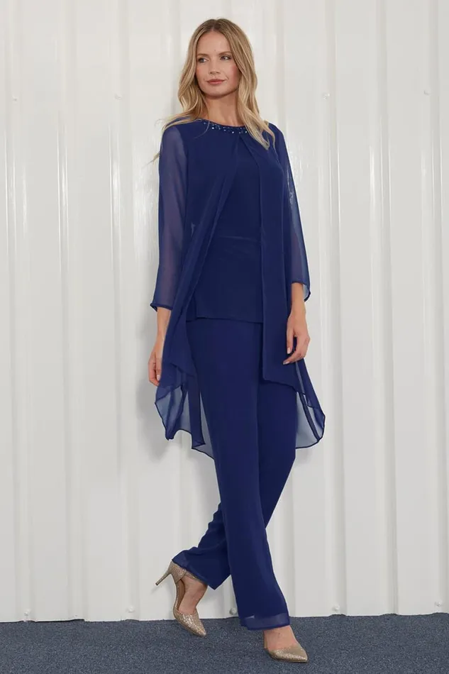 Women Navy Julianna Chiffon Embellished Top and Trouser Set Roman Tops