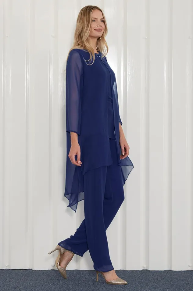 Women Navy Julianna Chiffon Embellished Top and Trouser Set Roman Tops