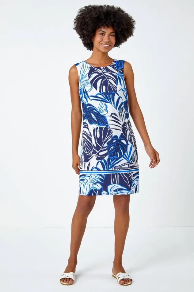Women Navy Leaf Border Print Shift Dress Roman Dresses
