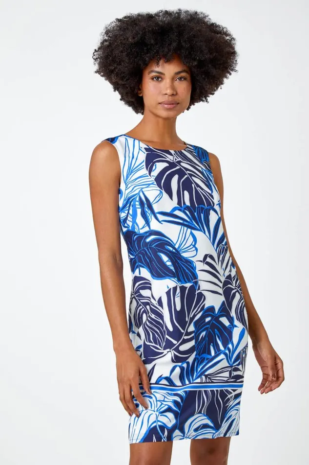 Women Navy Leaf Border Print Shift Dress Roman Dresses