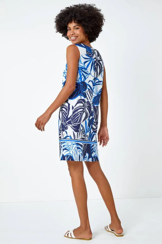 Women Navy Leaf Border Print Shift Dress Roman Dresses