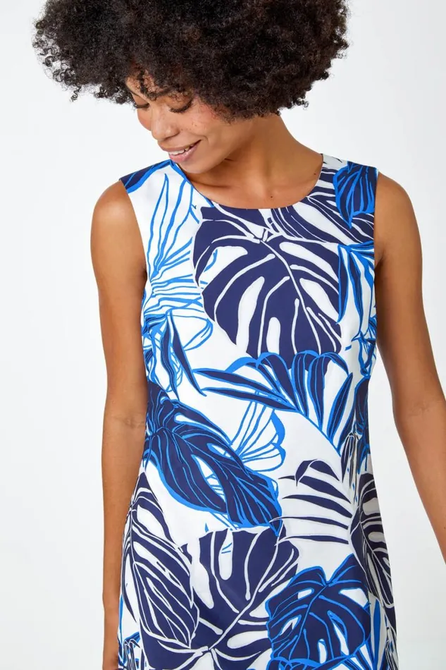 Women Navy Leaf Border Print Shift Dress Roman Dresses