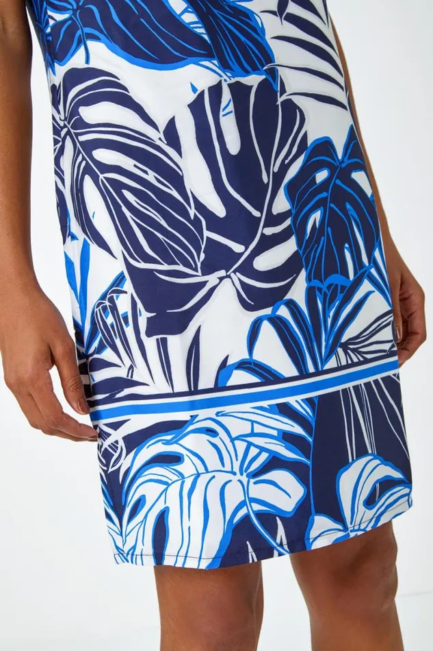 Women Navy Leaf Border Print Shift Dress Roman Dresses