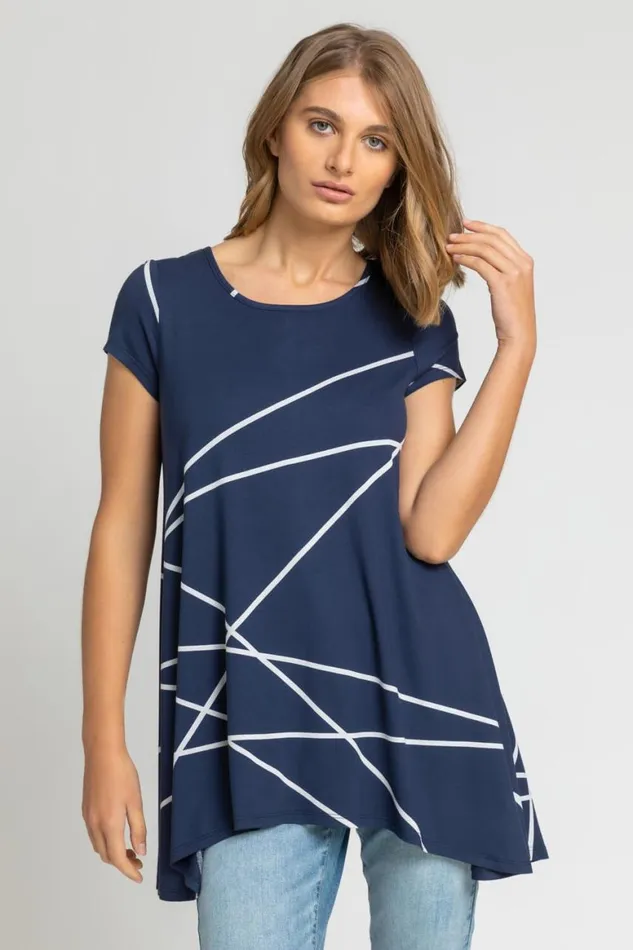 Women Navy Linear Print Hanky Hem Top Roman Tops