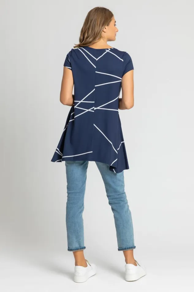 Women Navy Linear Print Hanky Hem Top Roman Tops