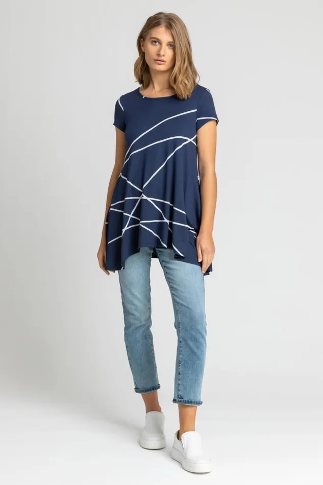 Women Navy Linear Print Hanky Hem Top Roman Tops