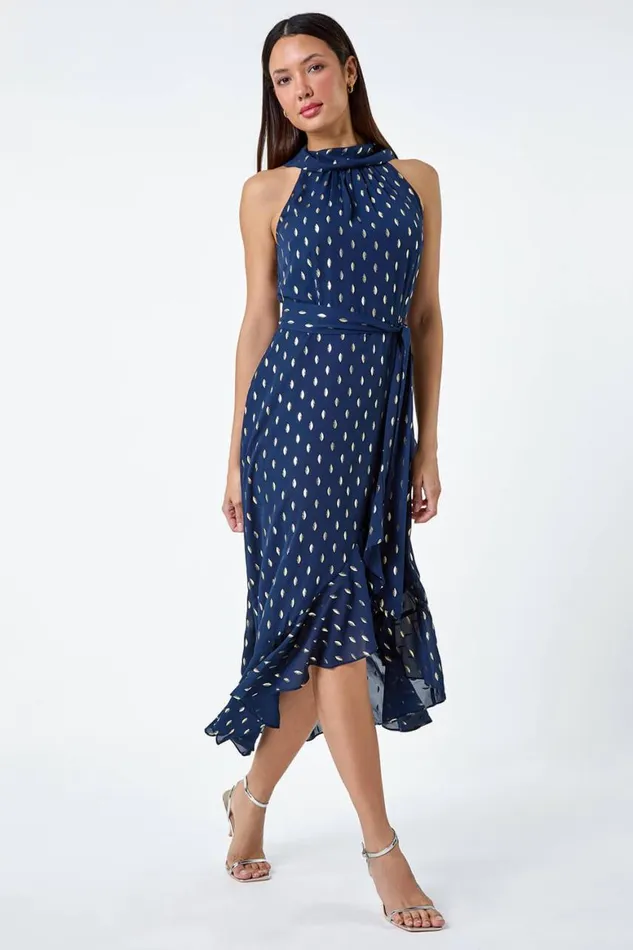 Women Navy Metallic Foil Spot Halter Neck Midi Dress Roman Dresses