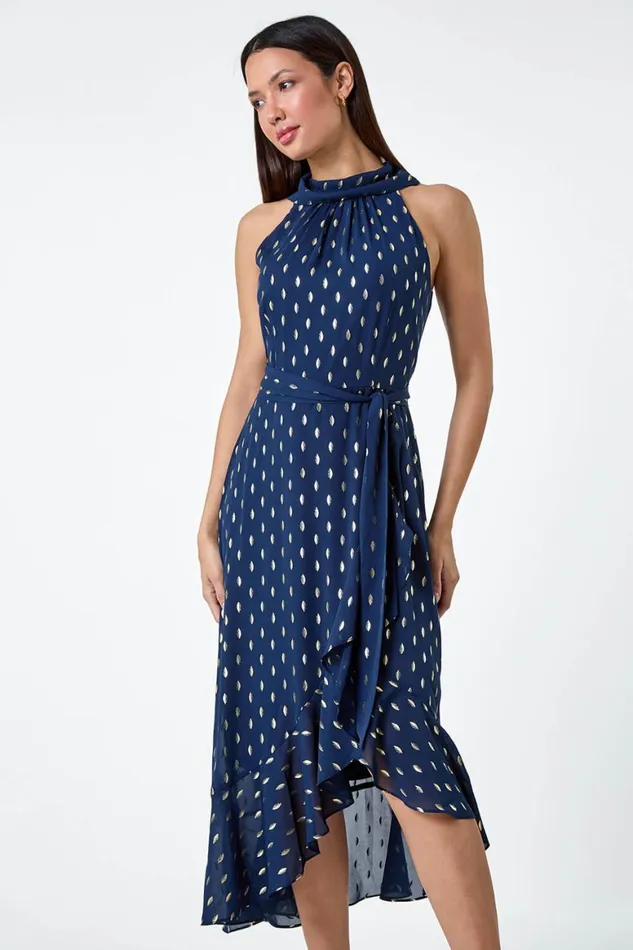 Women Navy Metallic Foil Spot Halter Neck Midi Dress Roman Dresses