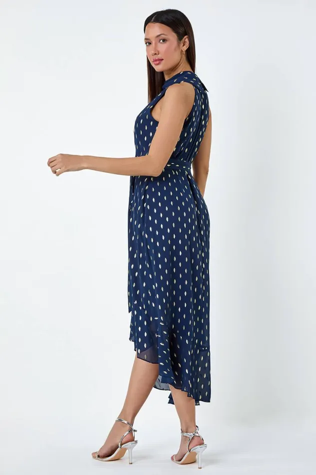 Women Navy Metallic Foil Spot Halter Neck Midi Dress Roman Dresses