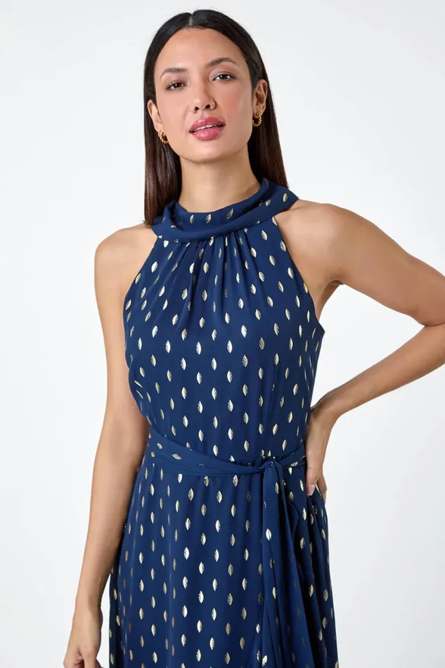 Women Navy Metallic Foil Spot Halter Neck Midi Dress Roman Dresses
