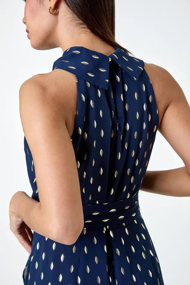 Women Navy Metallic Foil Spot Halter Neck Midi Dress Roman Dresses