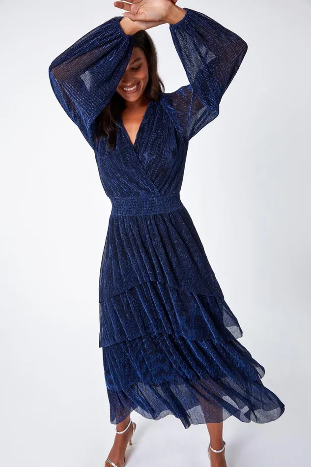 Women Navy Metallic Shirred Waist Tiered Midi Stretch Dress Roman Dresses