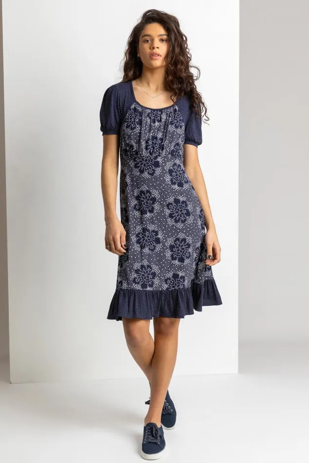 Women Navy Mixed Floral Spot Print Frill Hem Dress Roman Dresses