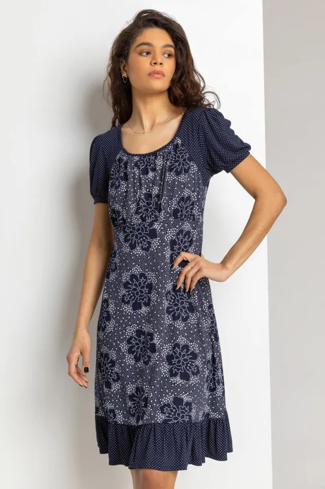 Women Navy Mixed Floral Spot Print Frill Hem Dress Roman Dresses