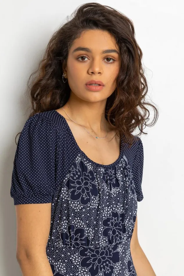Women Navy Mixed Floral Spot Print Frill Hem Dress Roman Dresses