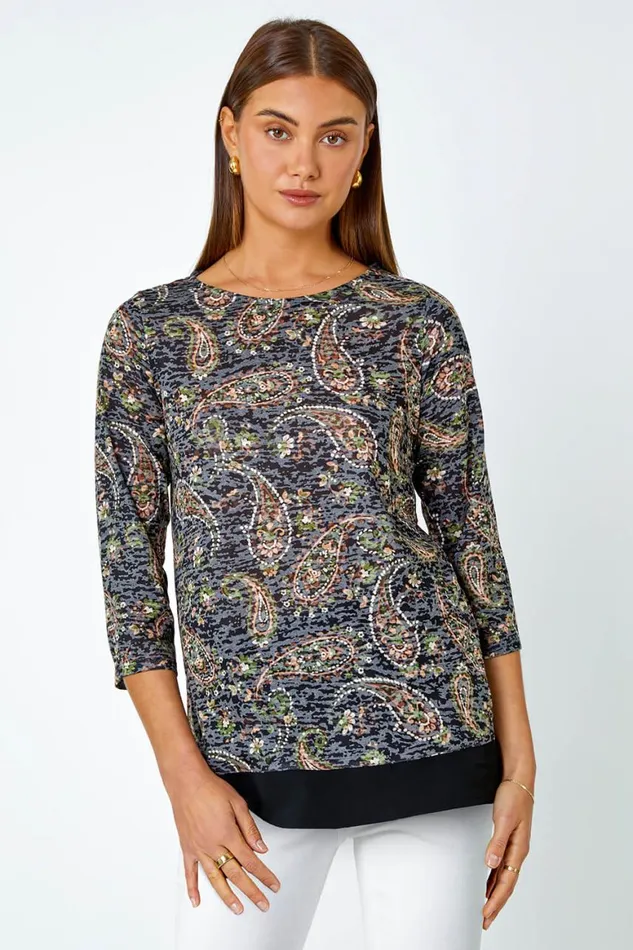 Women Navy Paisley Print Chiffon Hem Top Roman Tops