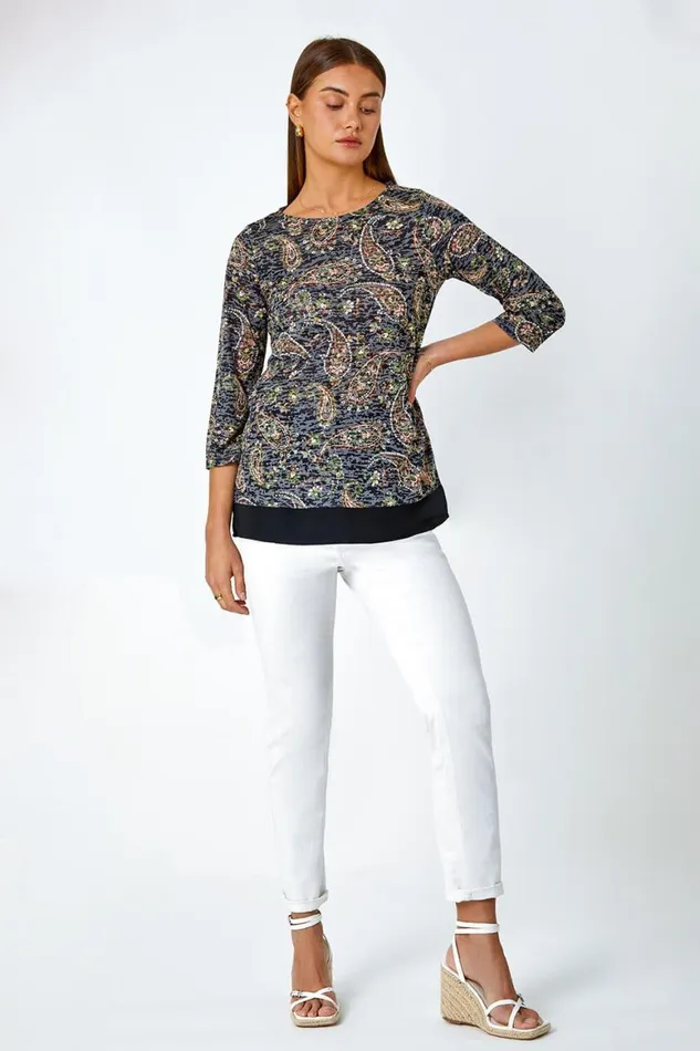 Women Navy Paisley Print Chiffon Hem Top Roman Tops
