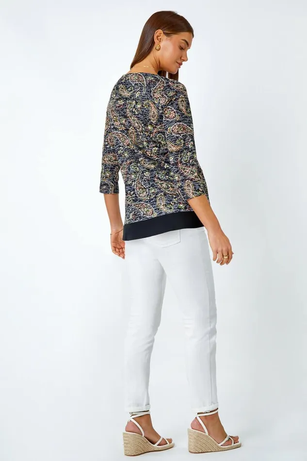Women Navy Paisley Print Chiffon Hem Top Roman Tops