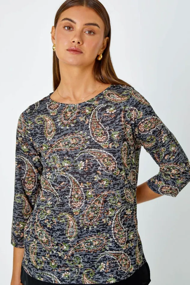 Women Navy Paisley Print Chiffon Hem Top Roman Tops