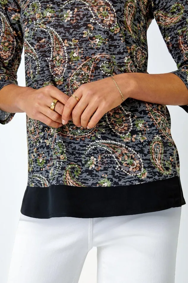 Women Navy Paisley Print Chiffon Hem Top Roman Tops