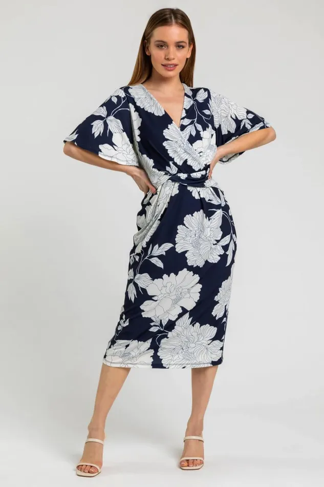 Women Navy Petite Angel Sleeve Ruched Dress Roman Dresses
