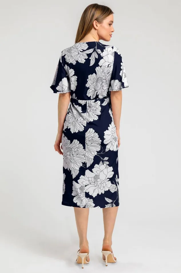 Women Navy Petite Angel Sleeve Ruched Dress Roman Dresses