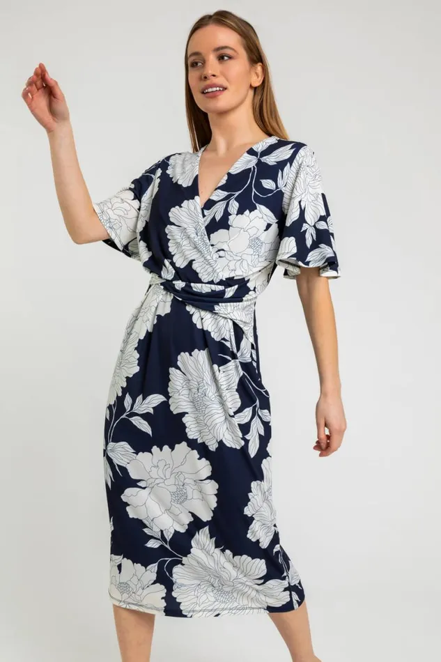 Women Navy Petite Angel Sleeve Ruched Dress Roman Dresses