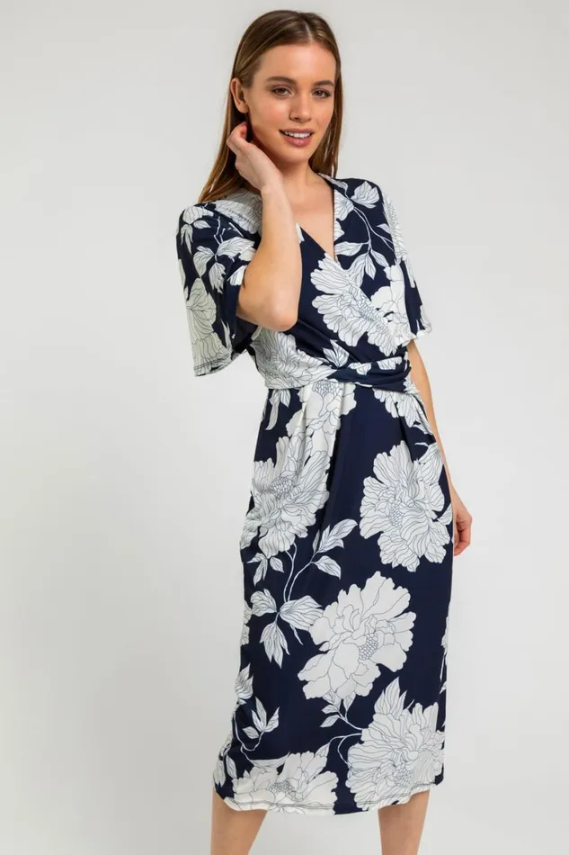 Women Navy Petite Angel Sleeve Ruched Dress Roman Dresses