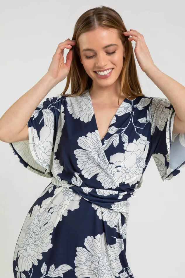 Women Navy Petite Angel Sleeve Ruched Dress Roman Dresses