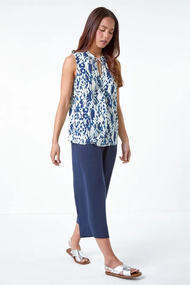 Women Navy Petite Aztec Print Tie Detail Top Roman Tops