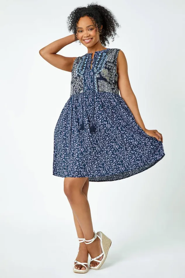 Women Navy Petite Embroidered Tunic Smock Dress Roman Dresses