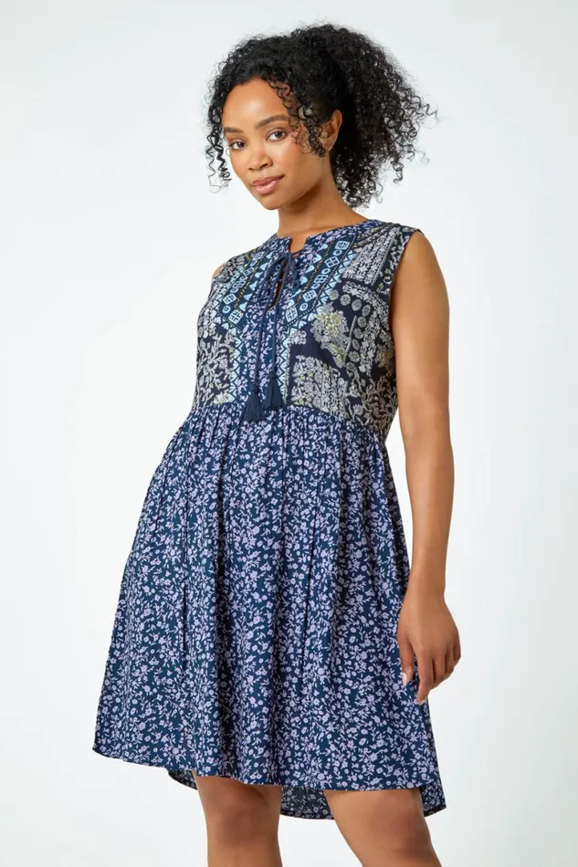 Women Navy Petite Embroidered Tunic Smock Dress Roman Dresses