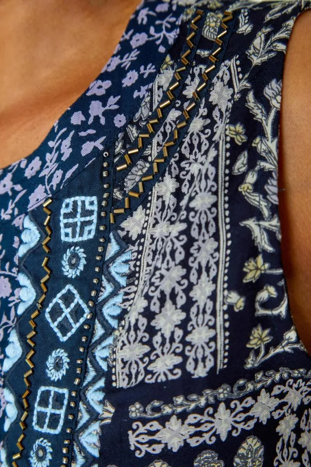 Women Navy Petite Embroidered Tunic Smock Dress Roman Dresses