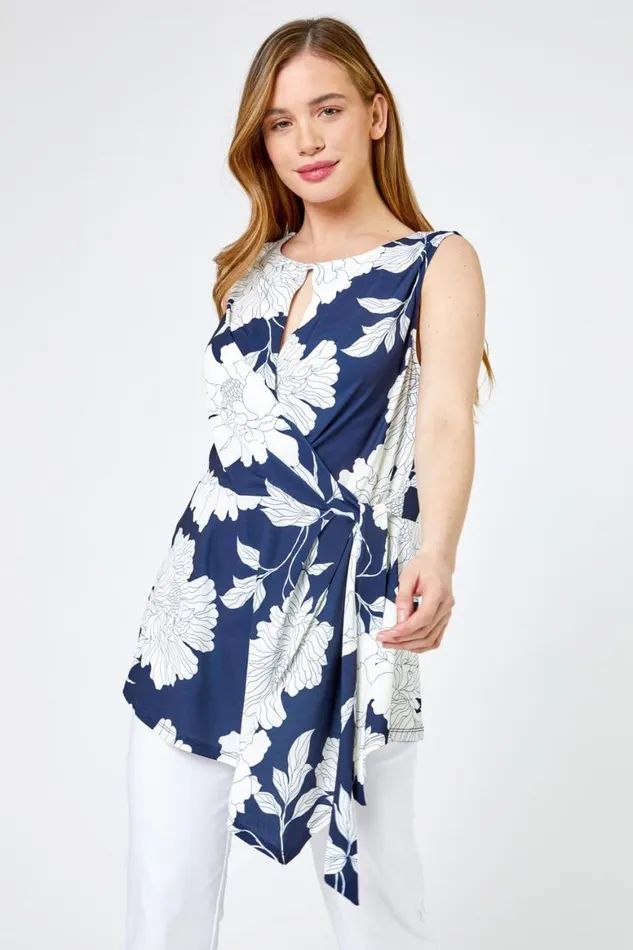 Women Navy Petite Floral Print Asymmetric Tunic Top Roman Tops