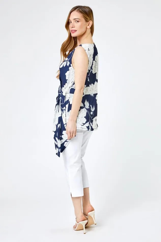 Women Navy Petite Floral Print Asymmetric Tunic Top Roman Tops