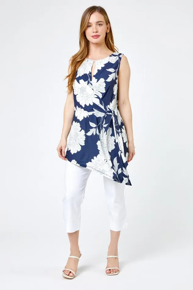 Women Navy Petite Floral Print Asymmetric Tunic Top Roman Tops