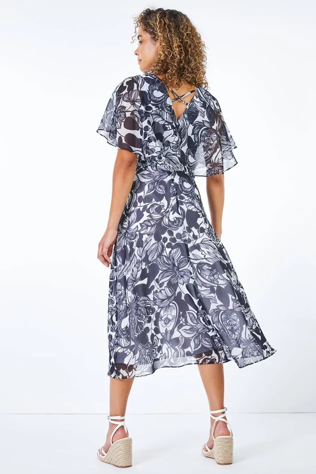 Women Navy Petite Floral Print Chiffon Cape Midi Dress Roman Dresses