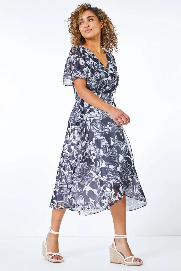 Women Navy Petite Floral Print Chiffon Cape Midi Dress Roman Dresses