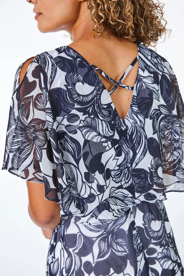 Women Navy Petite Floral Print Chiffon Cape Midi Dress Roman Dresses