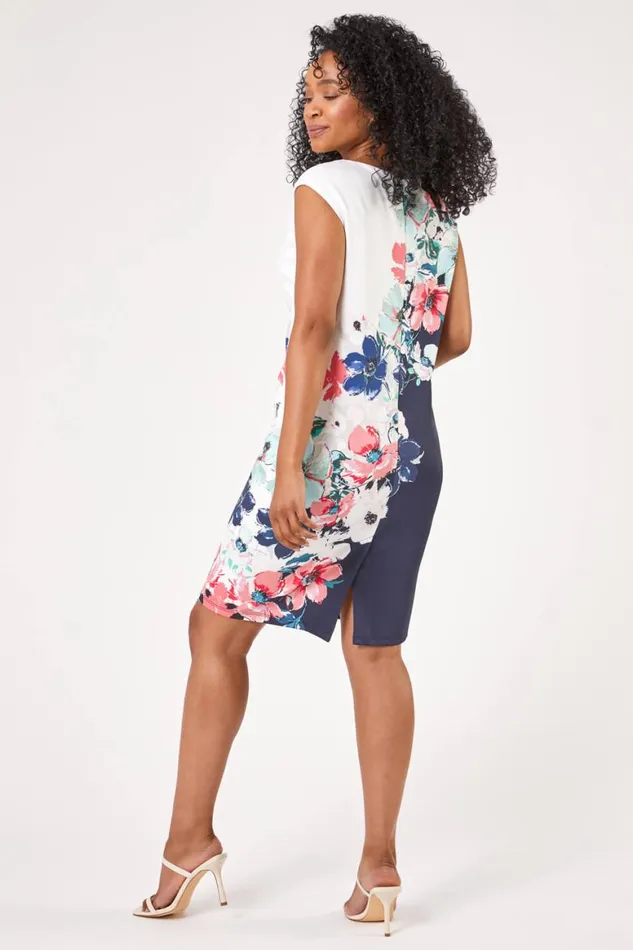 Women Navy Petite Floral Print Premium Stretch Dress Roman Dresses